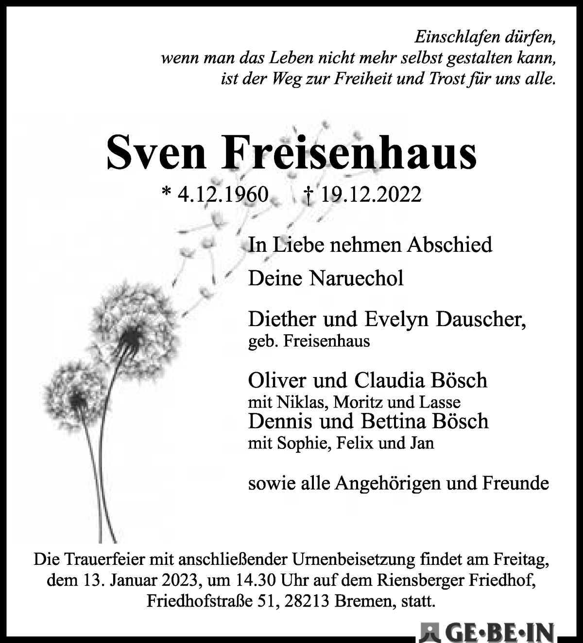 Traueranzeige von Sven Freisenhaus von WESER-KURIER