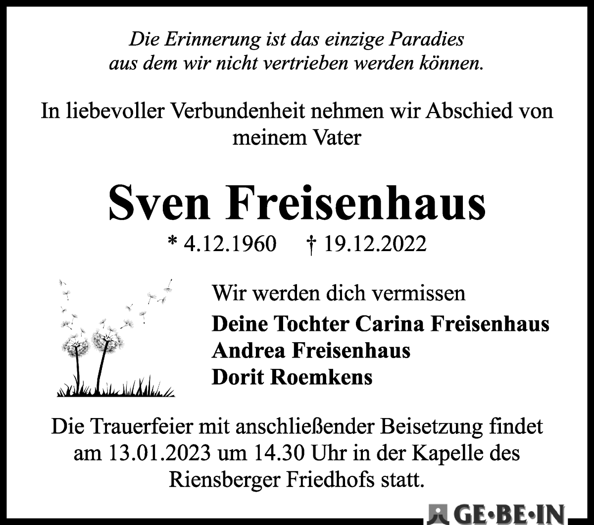 Traueranzeige von Sven Freisenhaus von WESER-KURIER