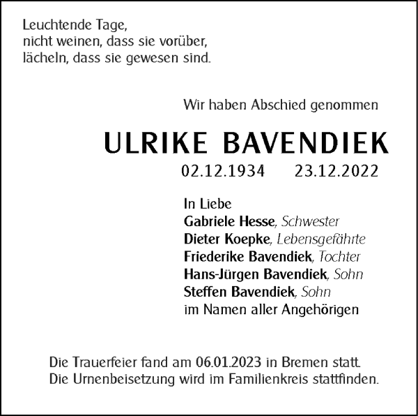 Traueranzeige von Ulrike Bavendiek von WESER-KURIER