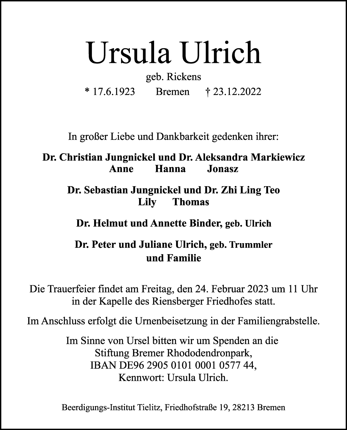 Traueranzeige von Ursula Ulrich von WESER-KURIER