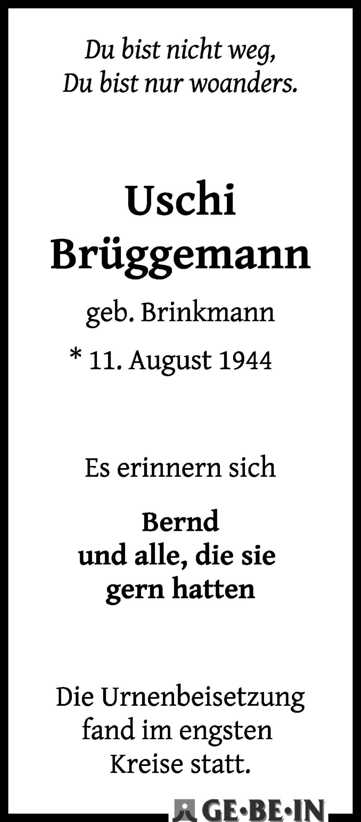 Traueranzeige von Uschi Brüggemann von WESER-KURIER