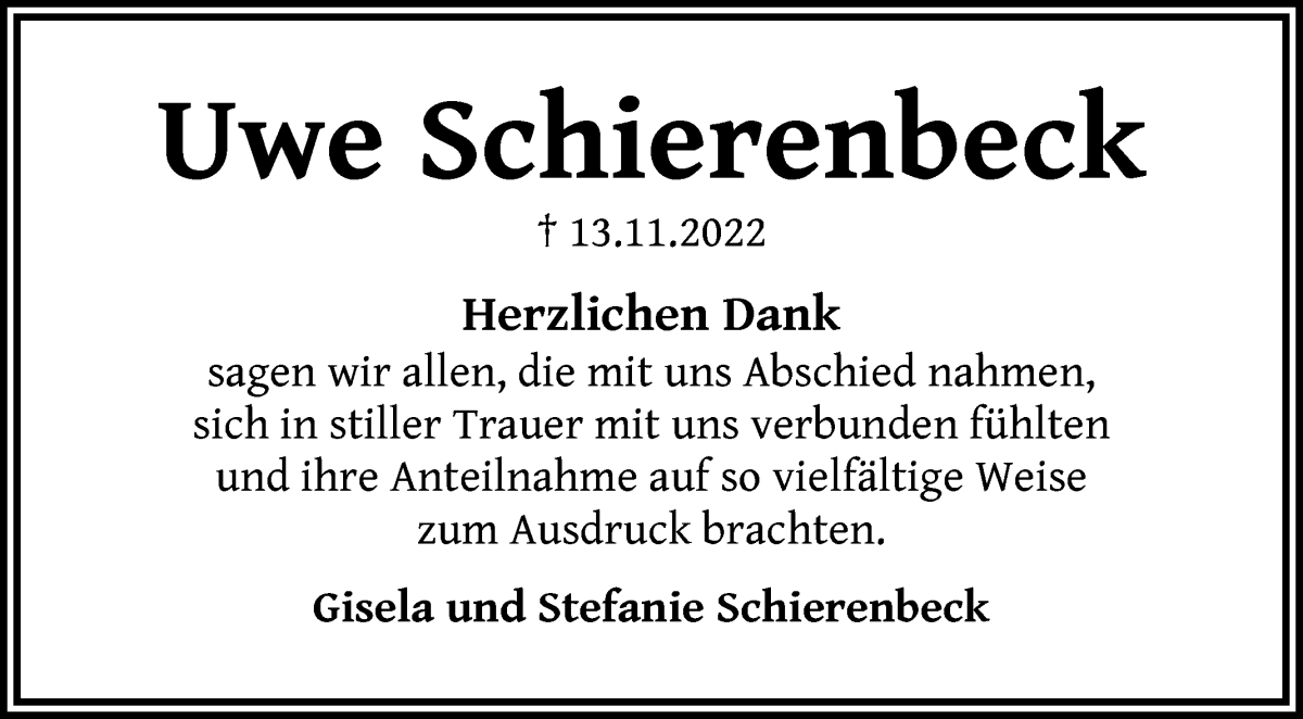 Traueranzeige von Uwe Schierenbeck von WESER-KURIER