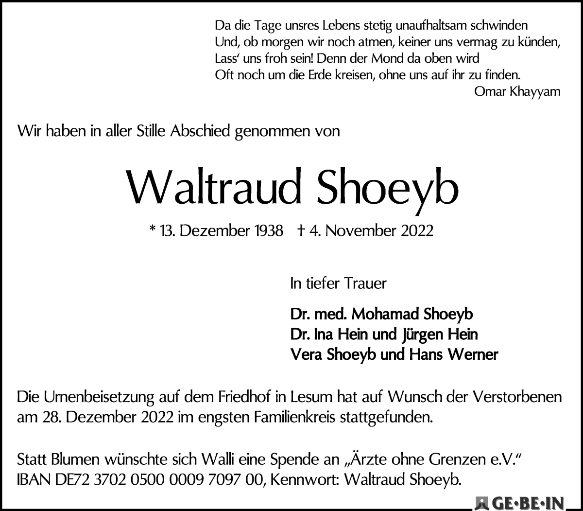 Traueranzeige von Waltraud Shoeyb von Die Norddeutsche
