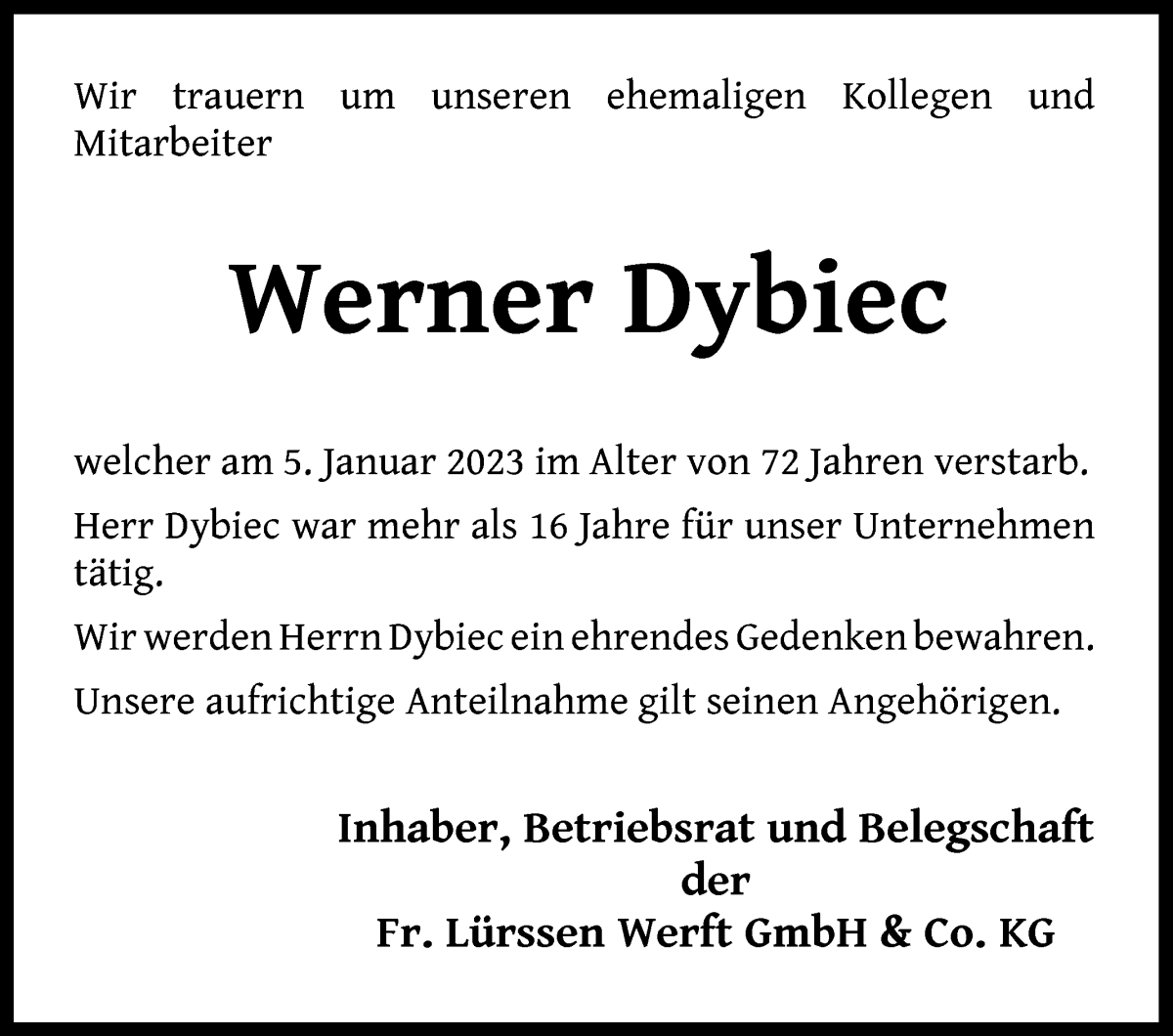 Traueranzeige von Werner Dybiec von Die Norddeutsche