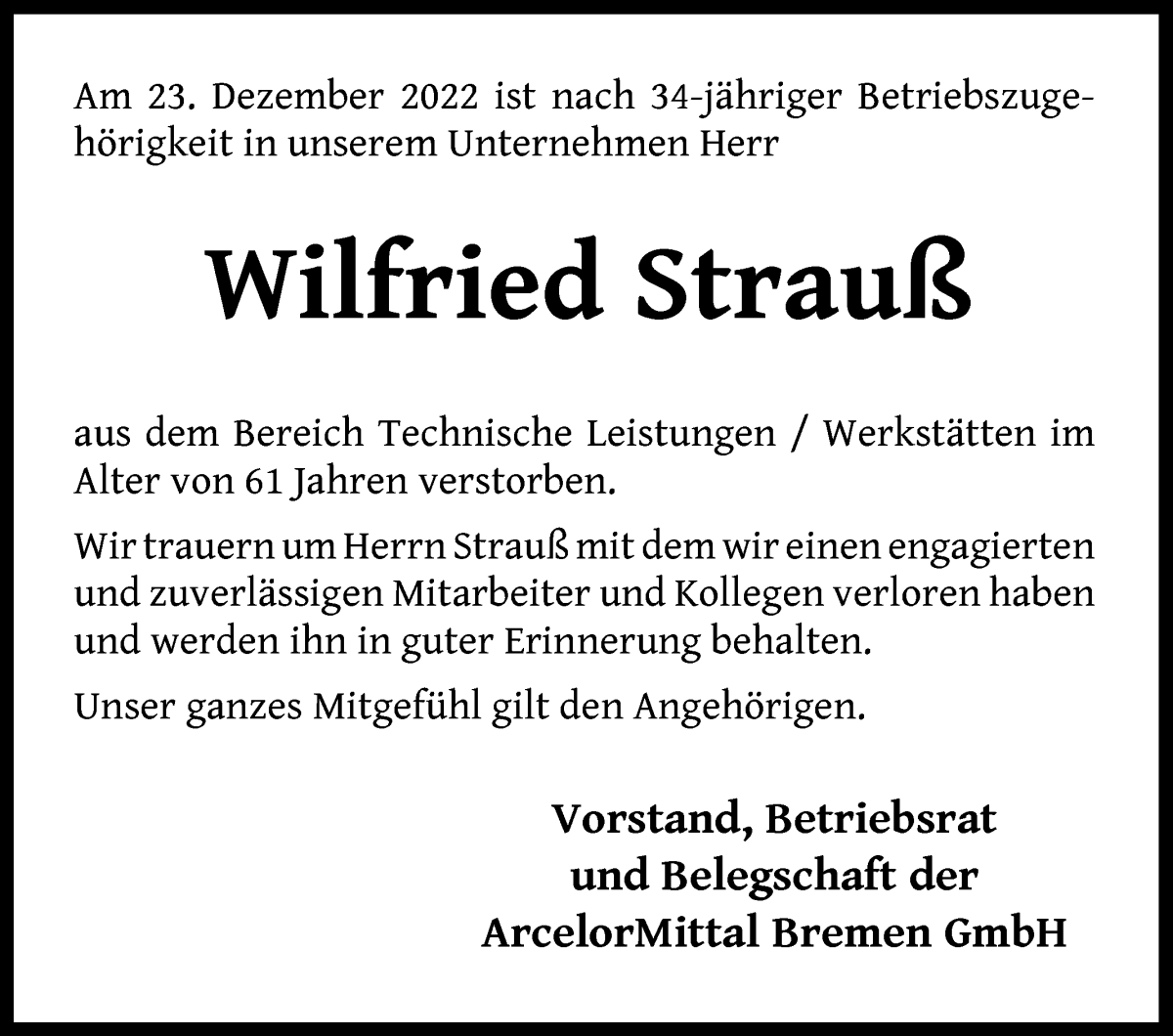 Traueranzeige von Wilfried Strauß von WESER-KURIER