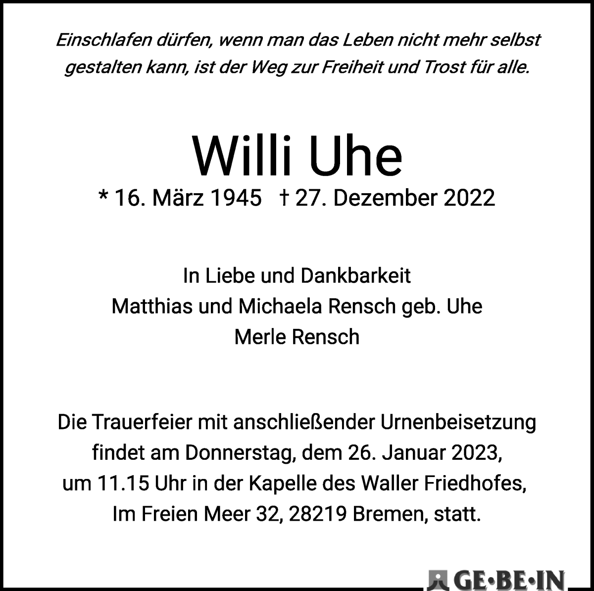 Traueranzeige von Willi Uhe von WESER-KURIER