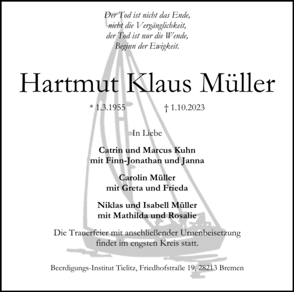 Traueranzeige von Hartmut Klaus Müller von WESER-KURIER