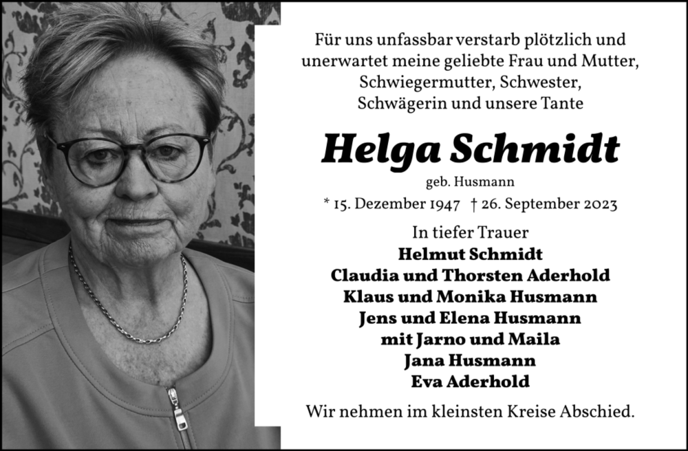 Traueranzeige von Helga Schmidt von WESER-KURIER