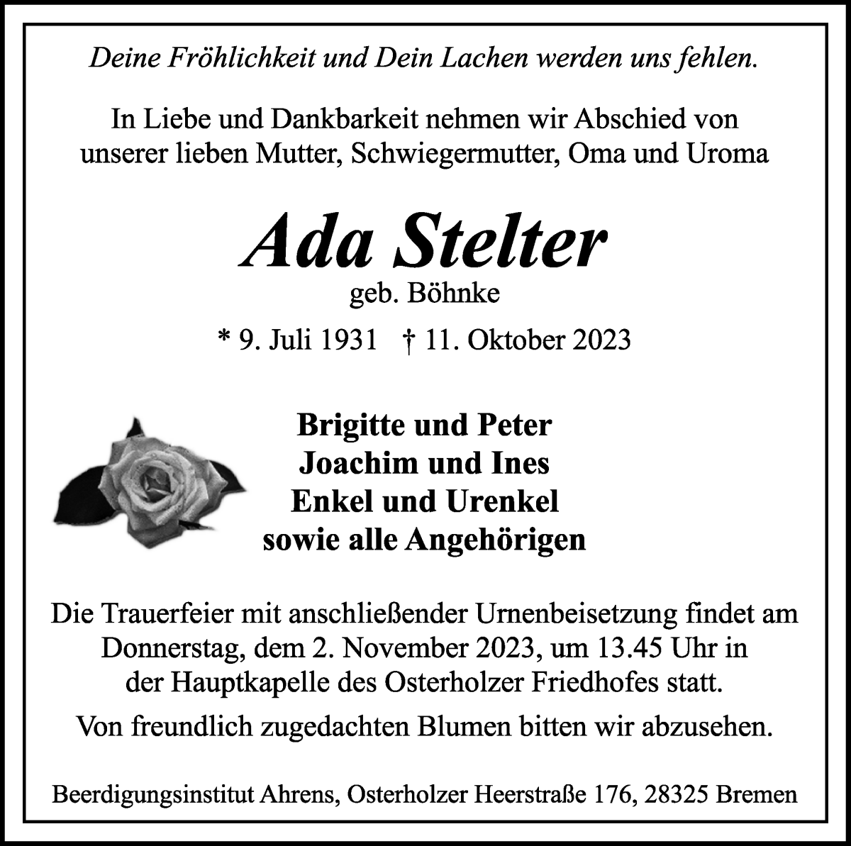 Traueranzeige von Ada Stelter von WESER-KURIER
