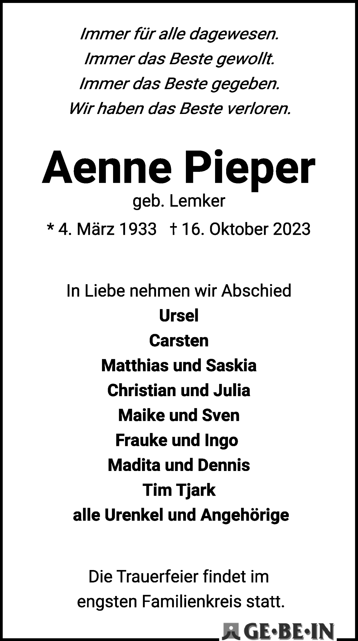 Traueranzeige von Aenne Pieper von WESER-KURIER