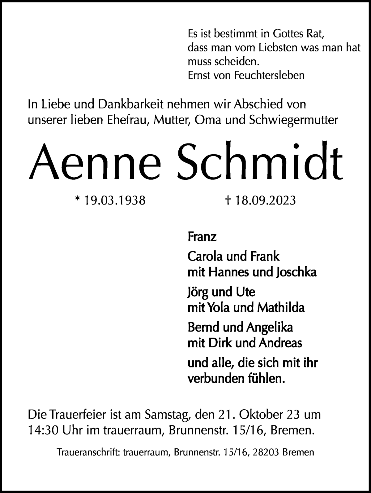 Traueranzeige von Aenne Schmidt von WESER-KURIER