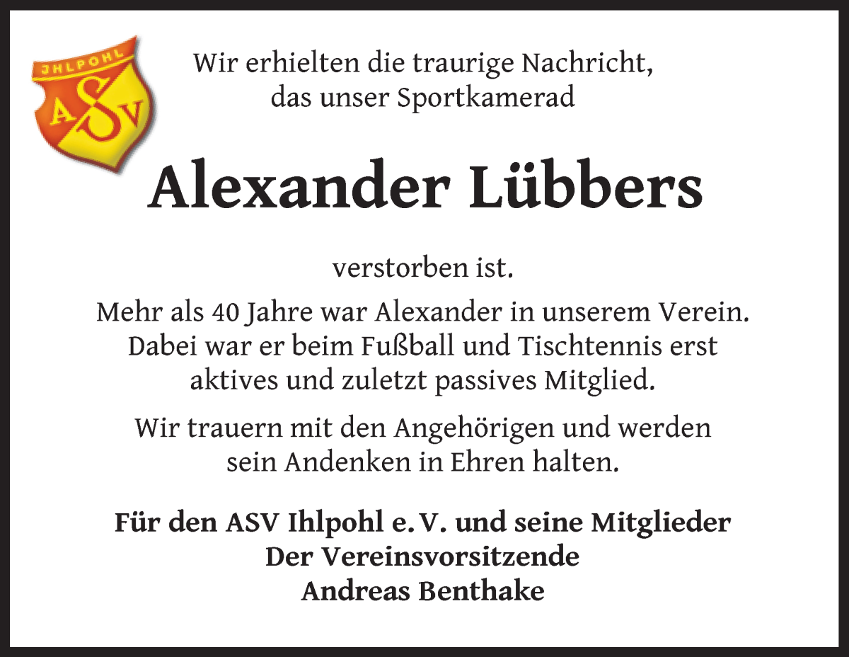 Traueranzeige von Alexander Lübbers von Osterholzer Kreisblatt