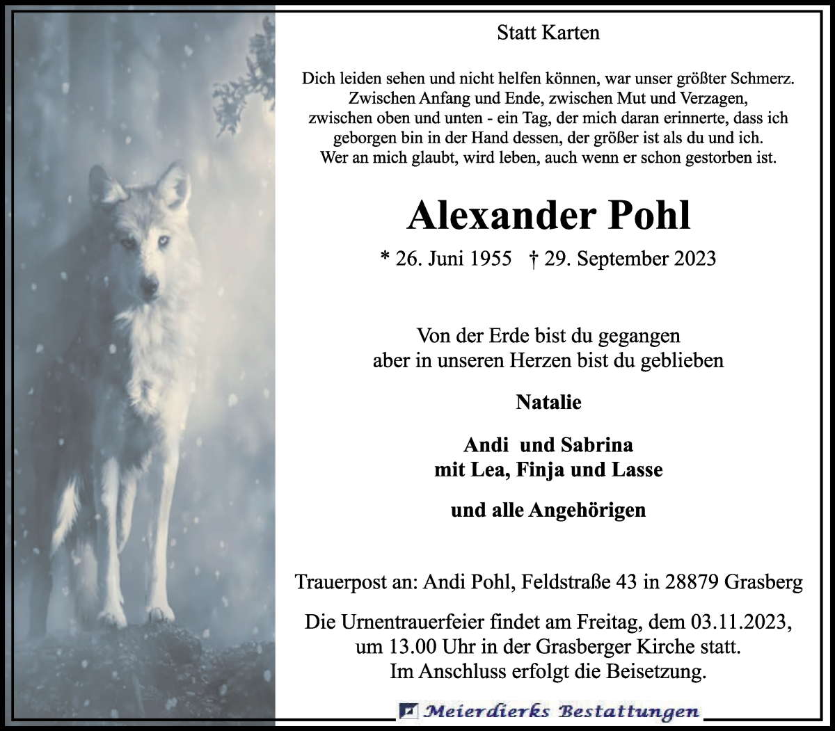 Traueranzeige von Alexander Pohl von Wuemme Zeitung