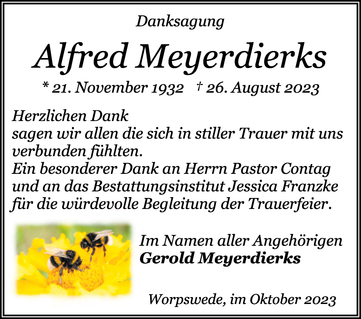 Traueranzeige von Alfred Meyerdierks von Wuemme Zeitung