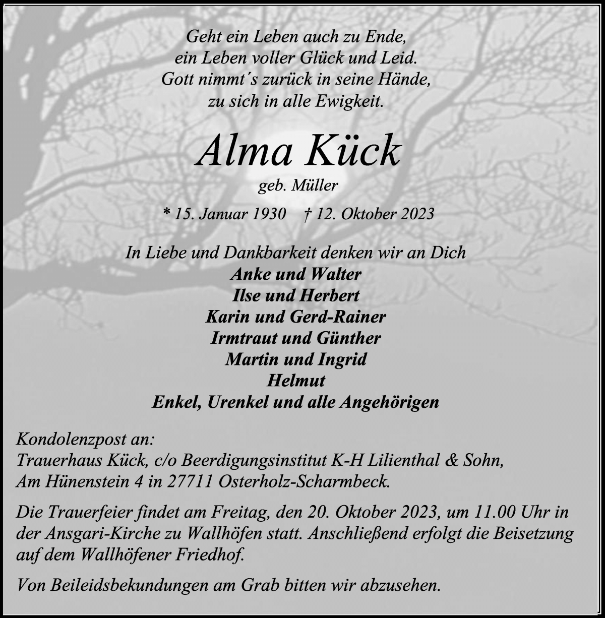 Traueranzeige von Alma Kück von Osterholzer Kreisblatt