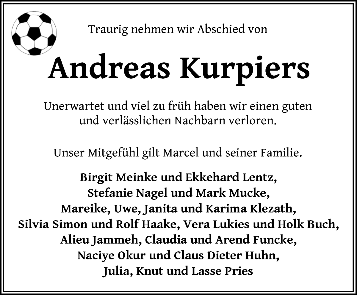Traueranzeige von Andreas Kurpiers von WESER-KURIER