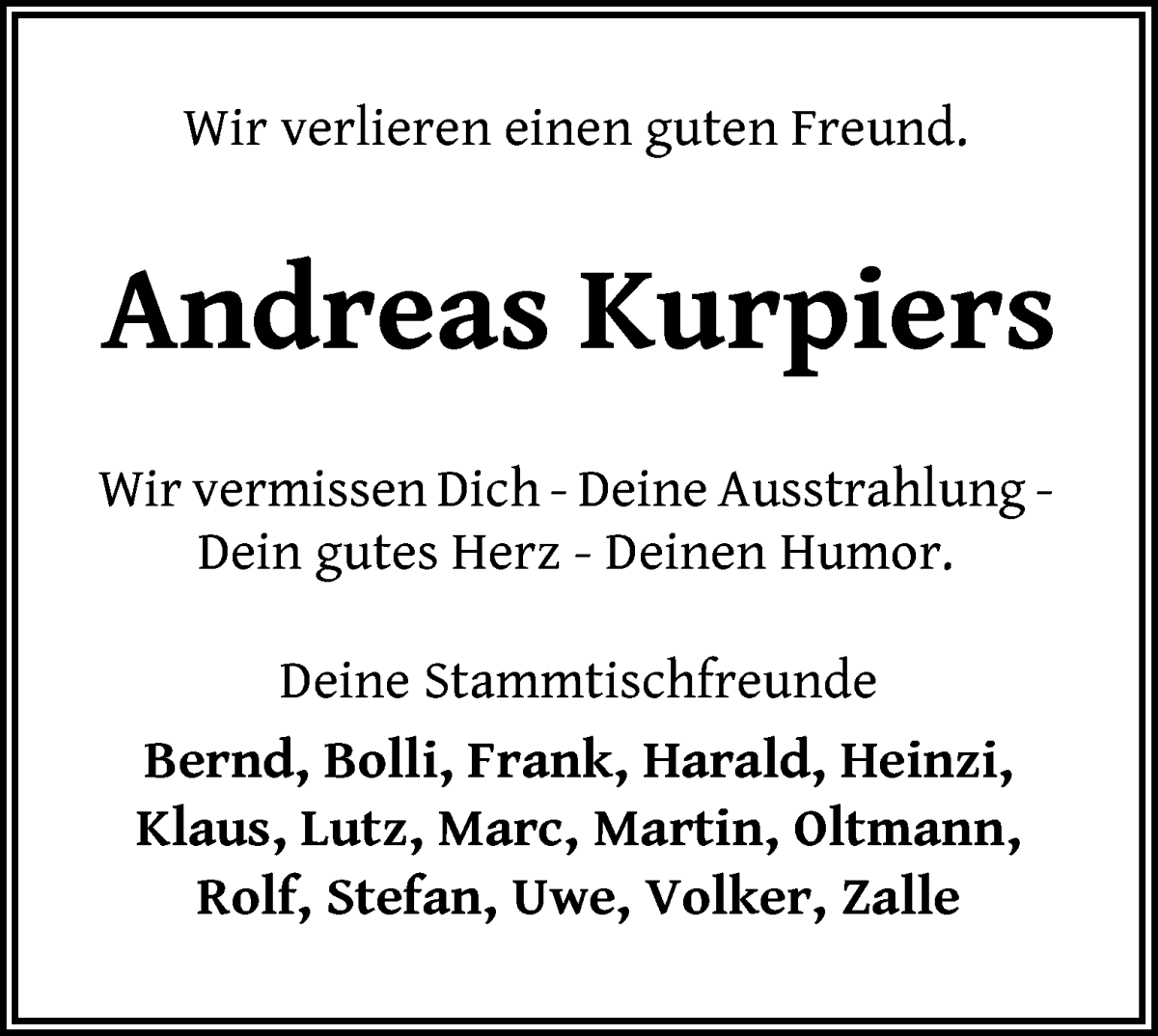 Traueranzeige von Andreas Kurpiers von WESER-KURIER