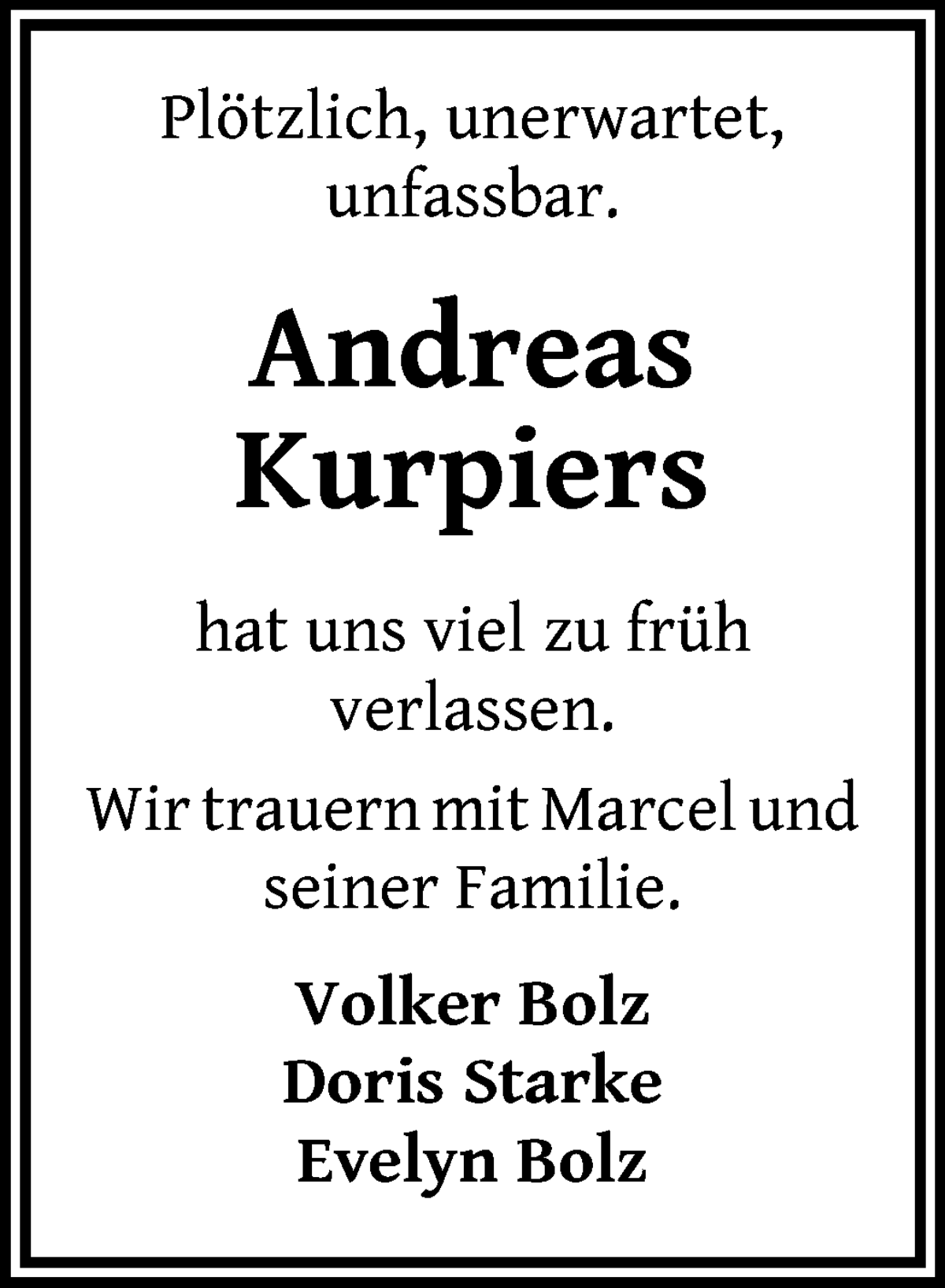 Traueranzeige von Andreas Kurpiers von WESER-KURIER