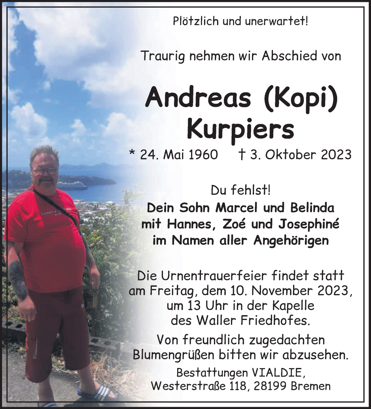 Traueranzeige von Andreas Kurpiers von WESER-KURIER