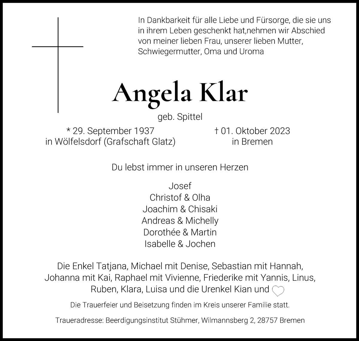 Traueranzeige von Angela Klar von Die Norddeutsche