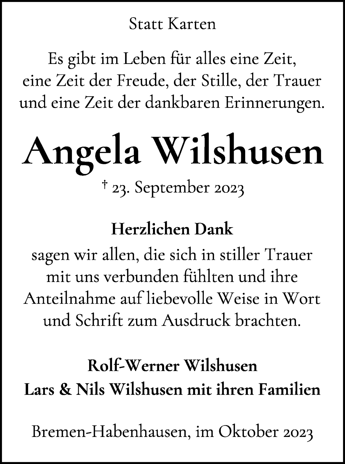 Traueranzeige von Angela Wilshusen von WESER-KURIER