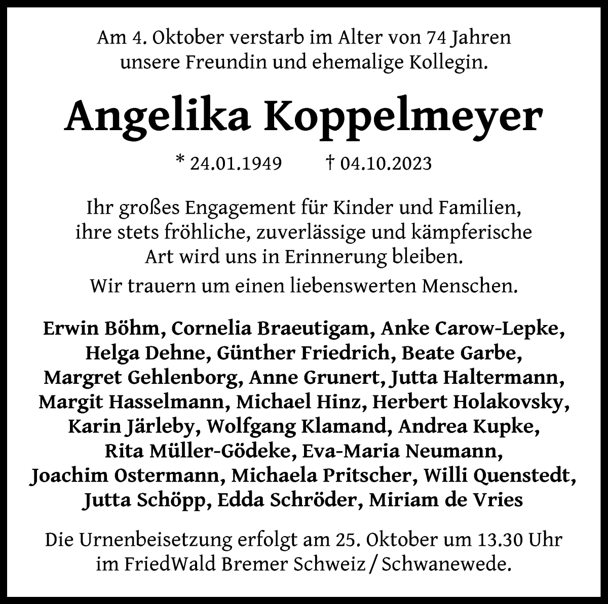 Traueranzeige von Angelika Koppelmeyer von WESER-KURIER