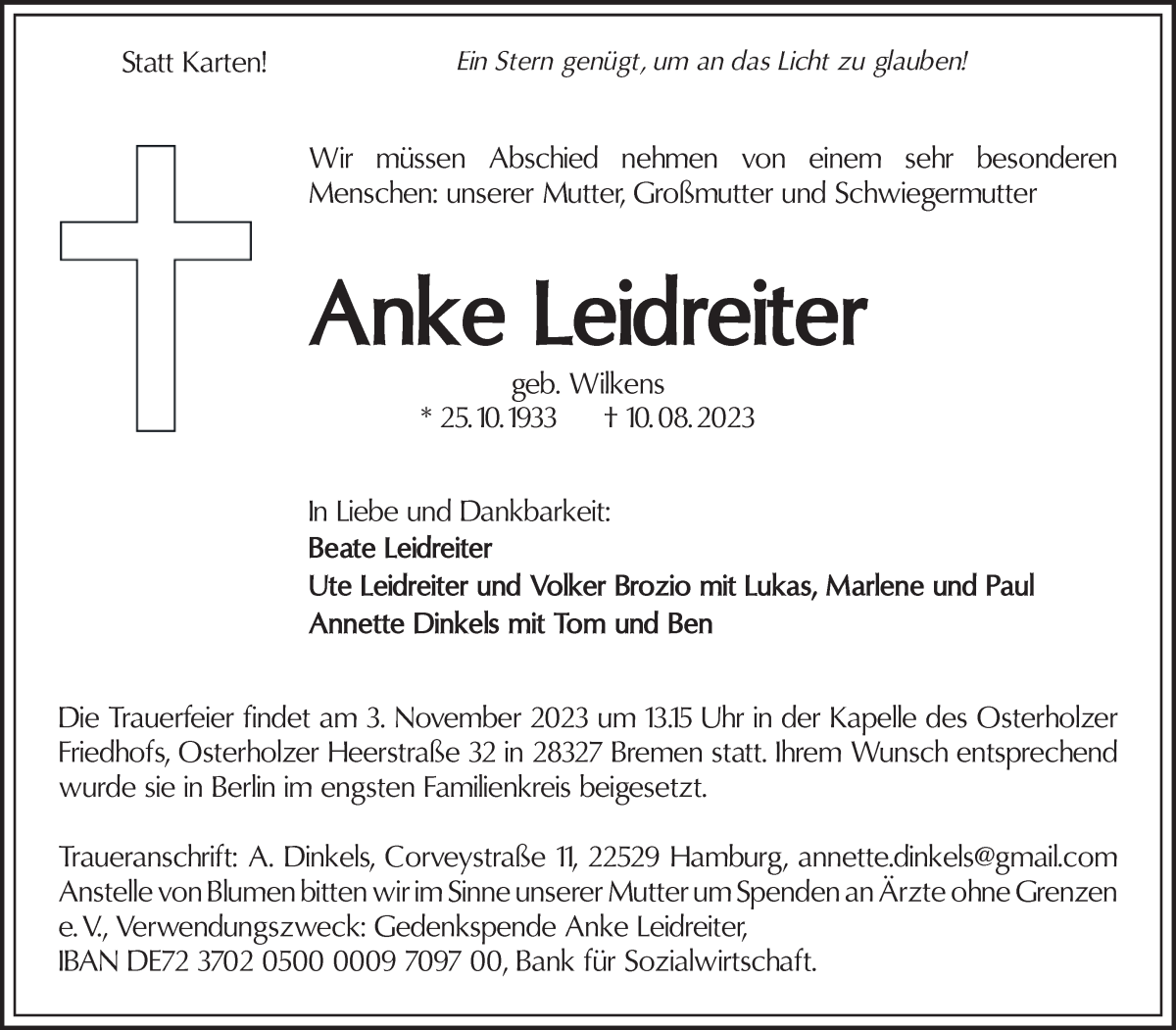 Traueranzeige von Anke Leidreiter von WESER-KURIER
