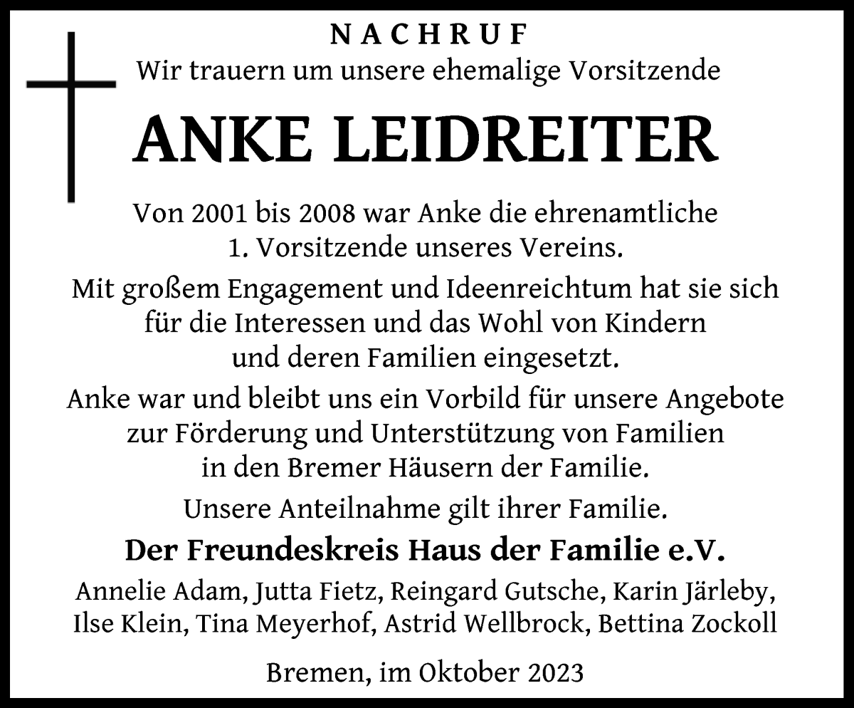Traueranzeige von Anke Leidreiter von WESER-KURIER