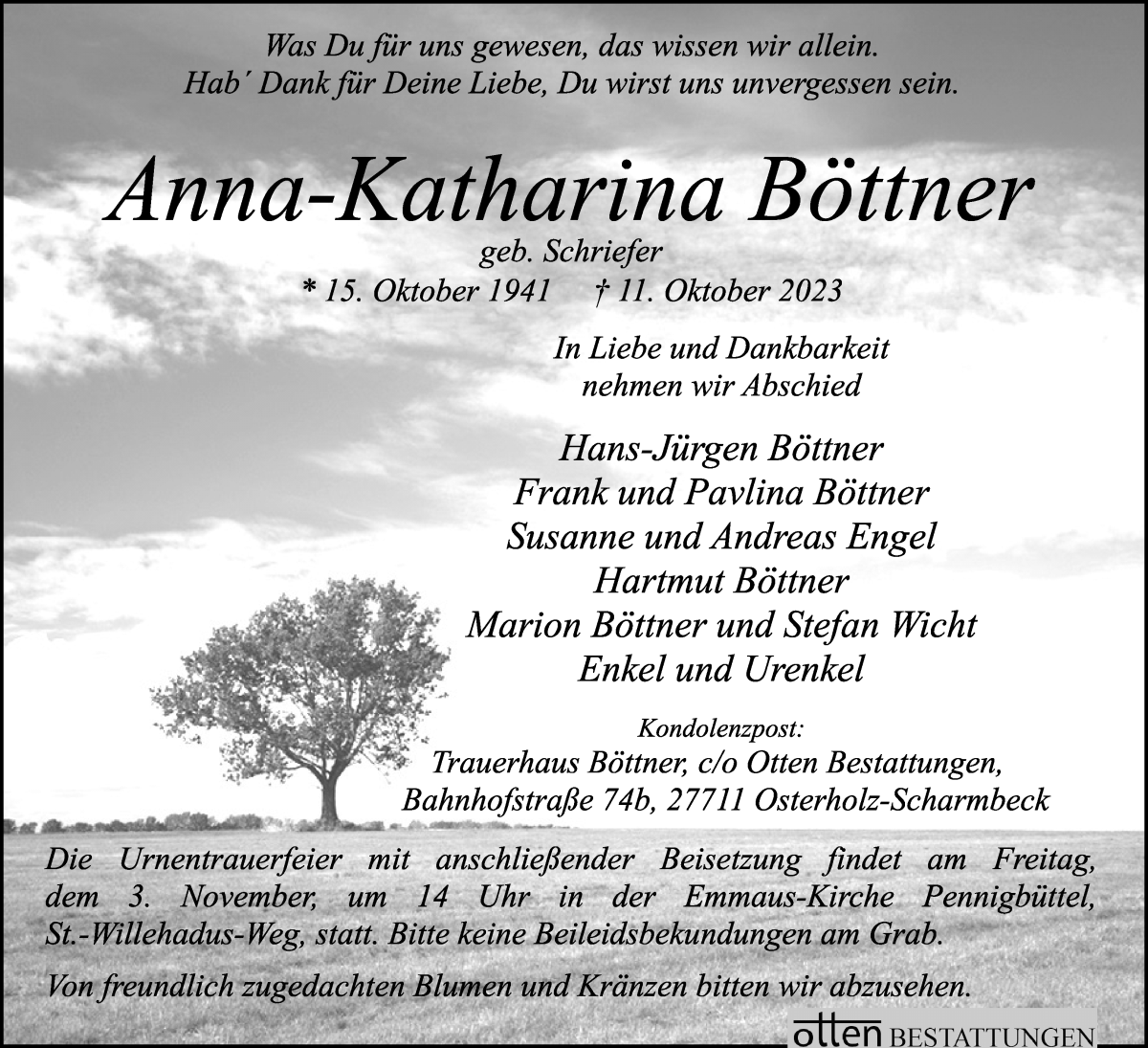 Traueranzeige von Anna-Katharina Böttner von Osterholzer Kreisblatt