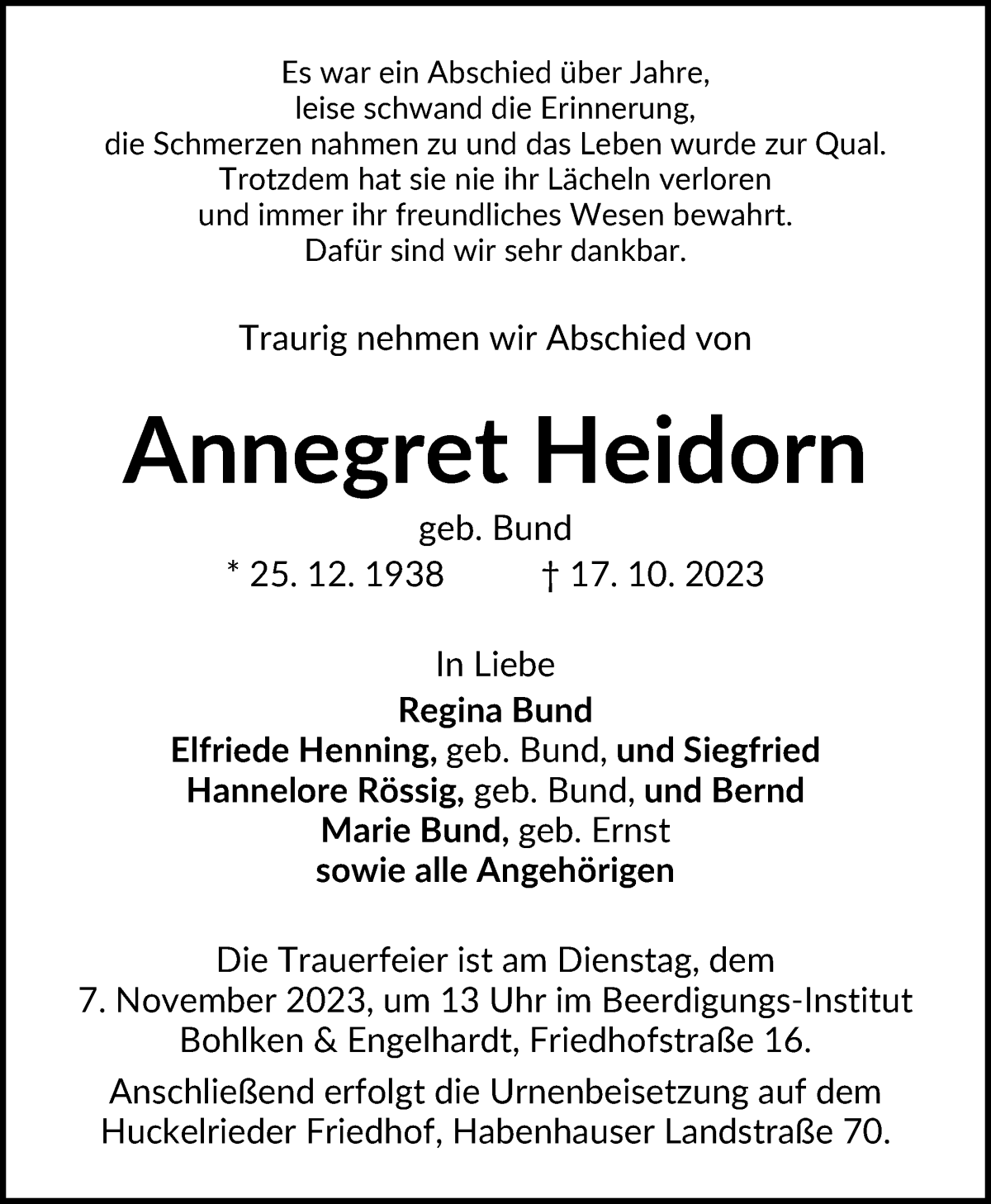 Traueranzeige von Annegret Heidorn von WESER-KURIER