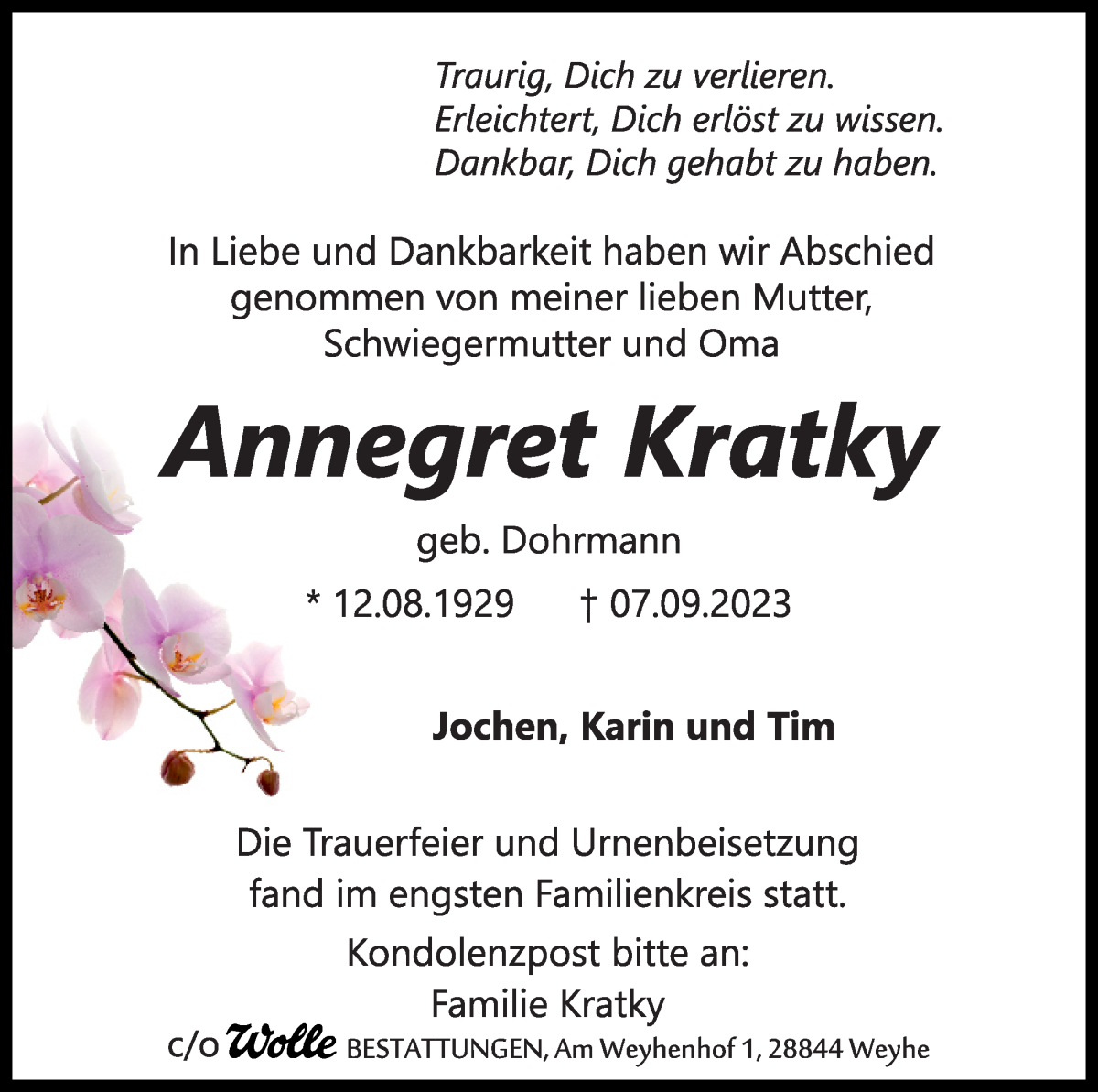 Traueranzeige von Annegret Kratky von WESER-KURIER