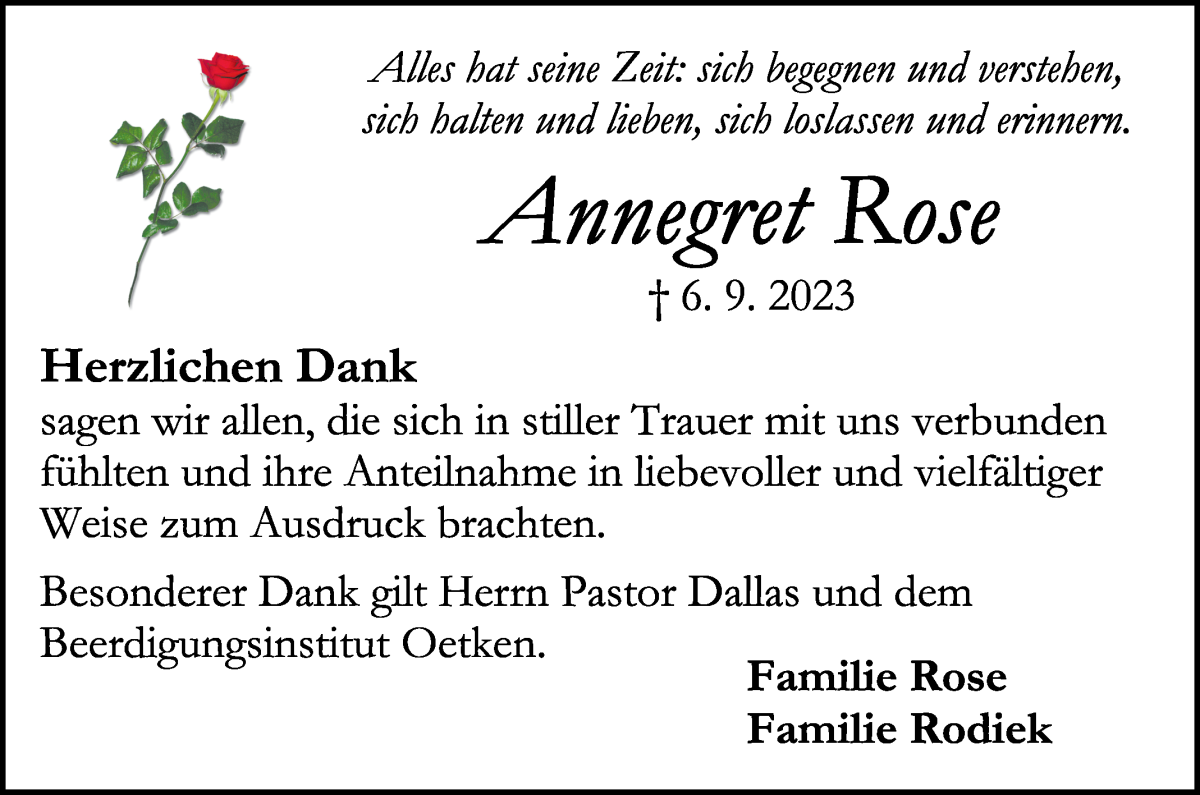 Traueranzeige von Annegret Rose von Die Norddeutsche
