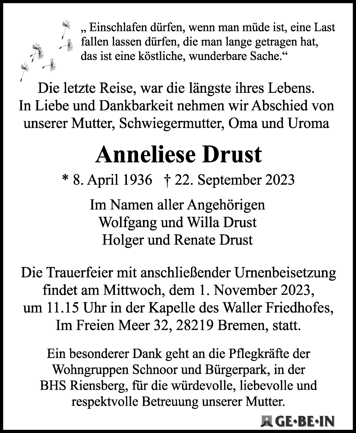 Traueranzeige von Anneliese Drust von WESER-KURIER