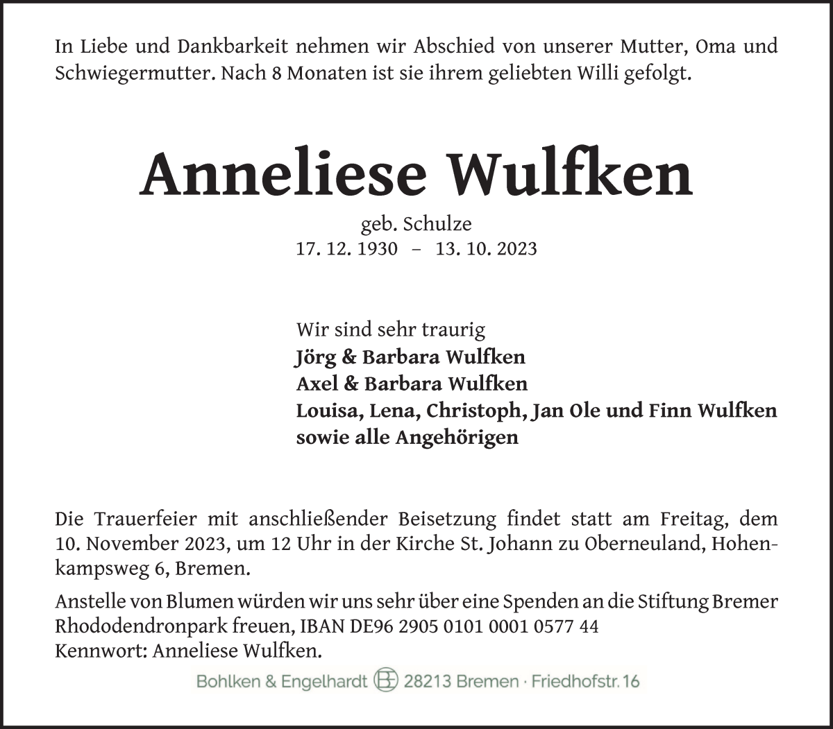 Traueranzeige von Anneliese Wulfken von WESER-KURIER