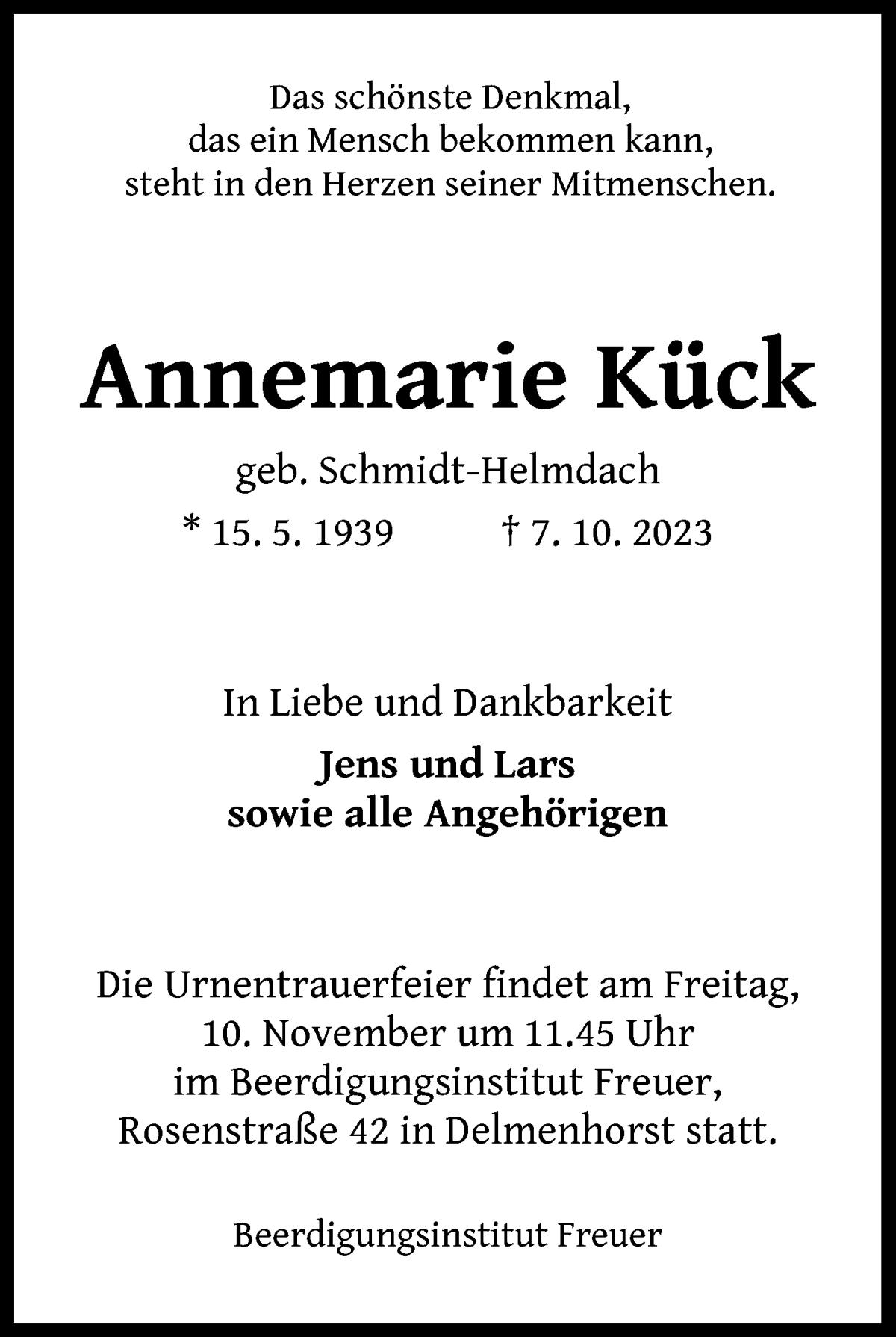 Traueranzeige von Annemarie Kück von WESER-KURIER