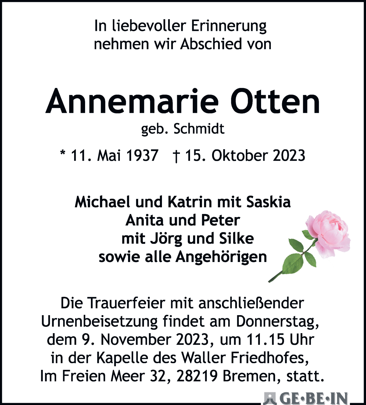 Traueranzeige von Annemarie Otten von WESER-KURIER