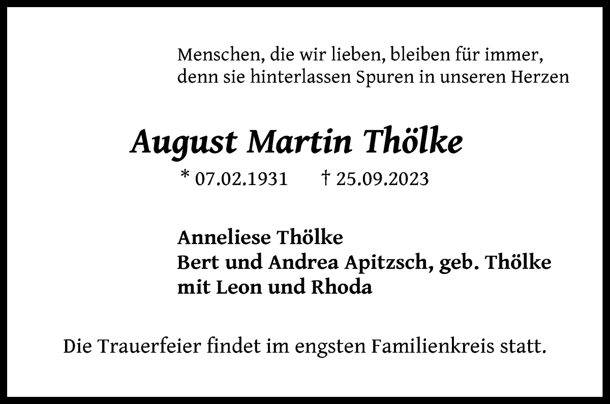 Traueranzeige von August Martin Thölke von Osterholzer Kreisblatt