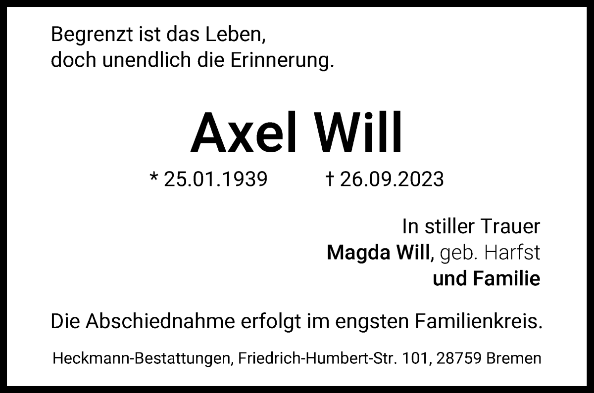 Traueranzeige von Axel Witt von WESER-KURIER
