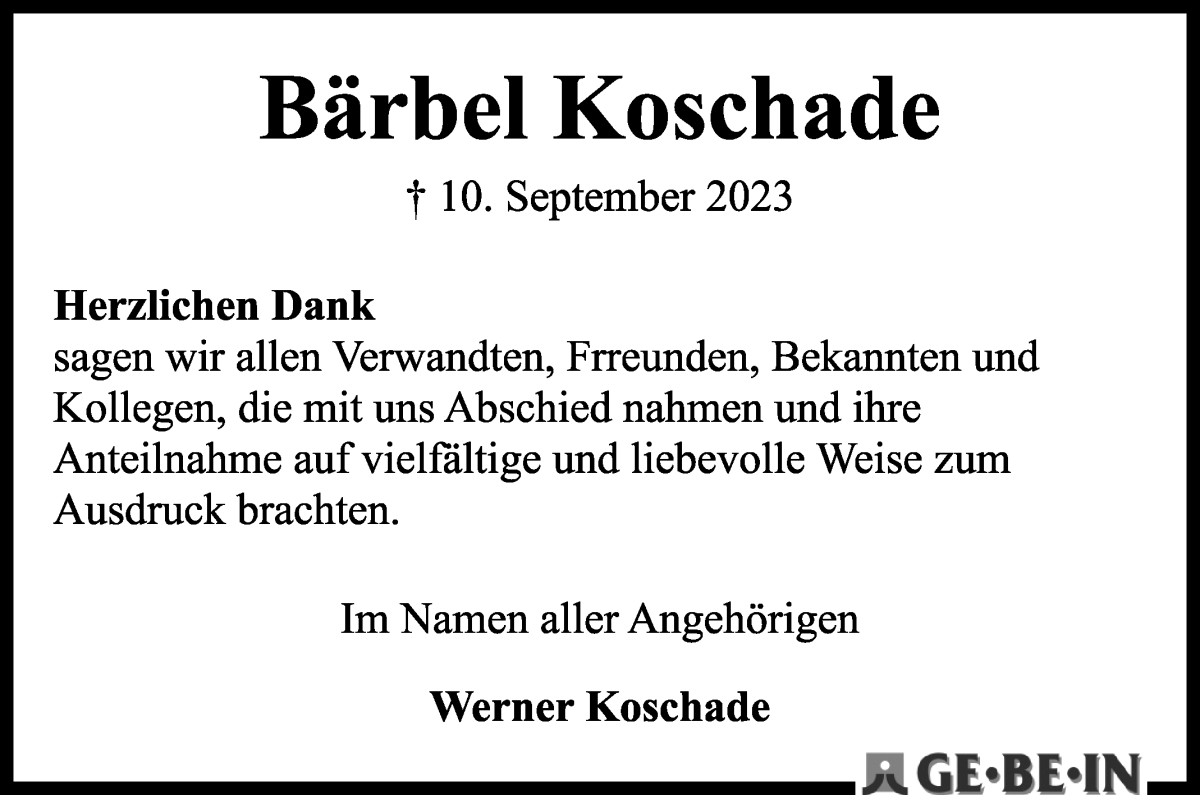 Traueranzeige von Bärbel Koschade von WESER-KURIER