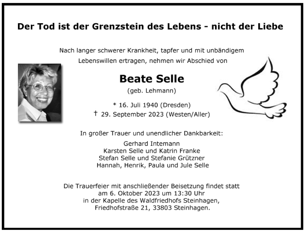 Traueranzeige von Beate Selle von Achimer Kurier/Verdener Nachrichten