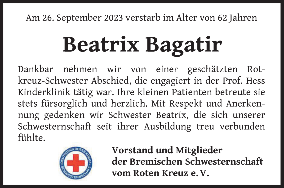 Traueranzeige von Beatrix Bagatir von WESER-KURIER
