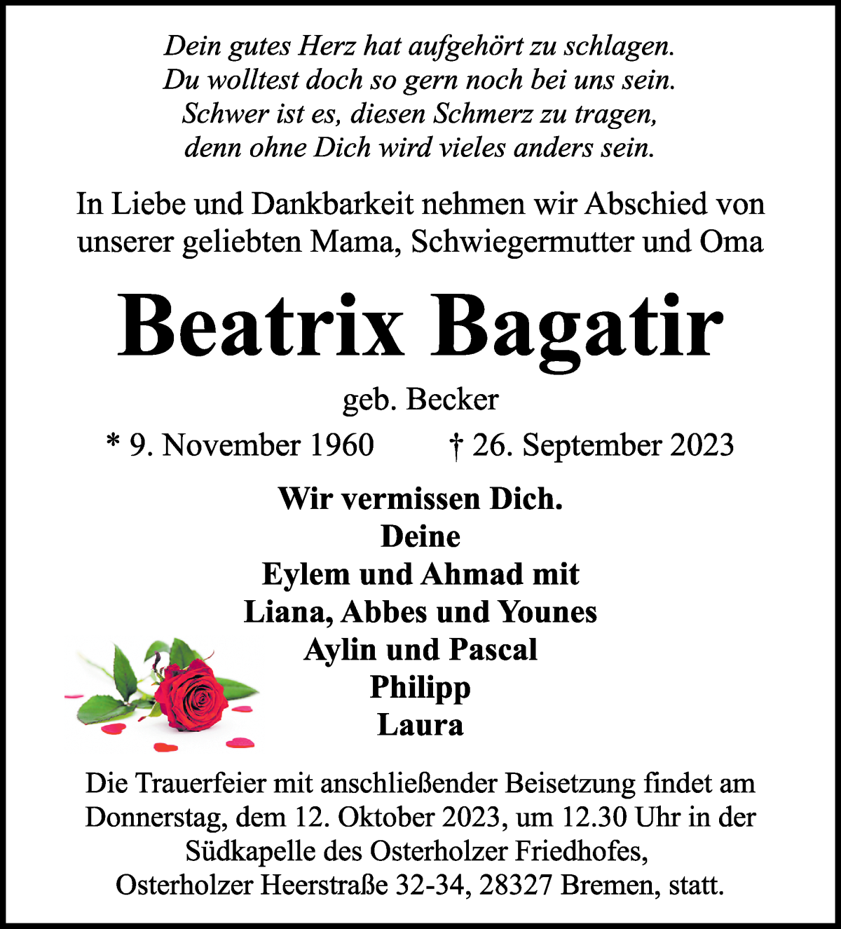 Traueranzeige von Beatrix Bagatir von WESER-KURIER