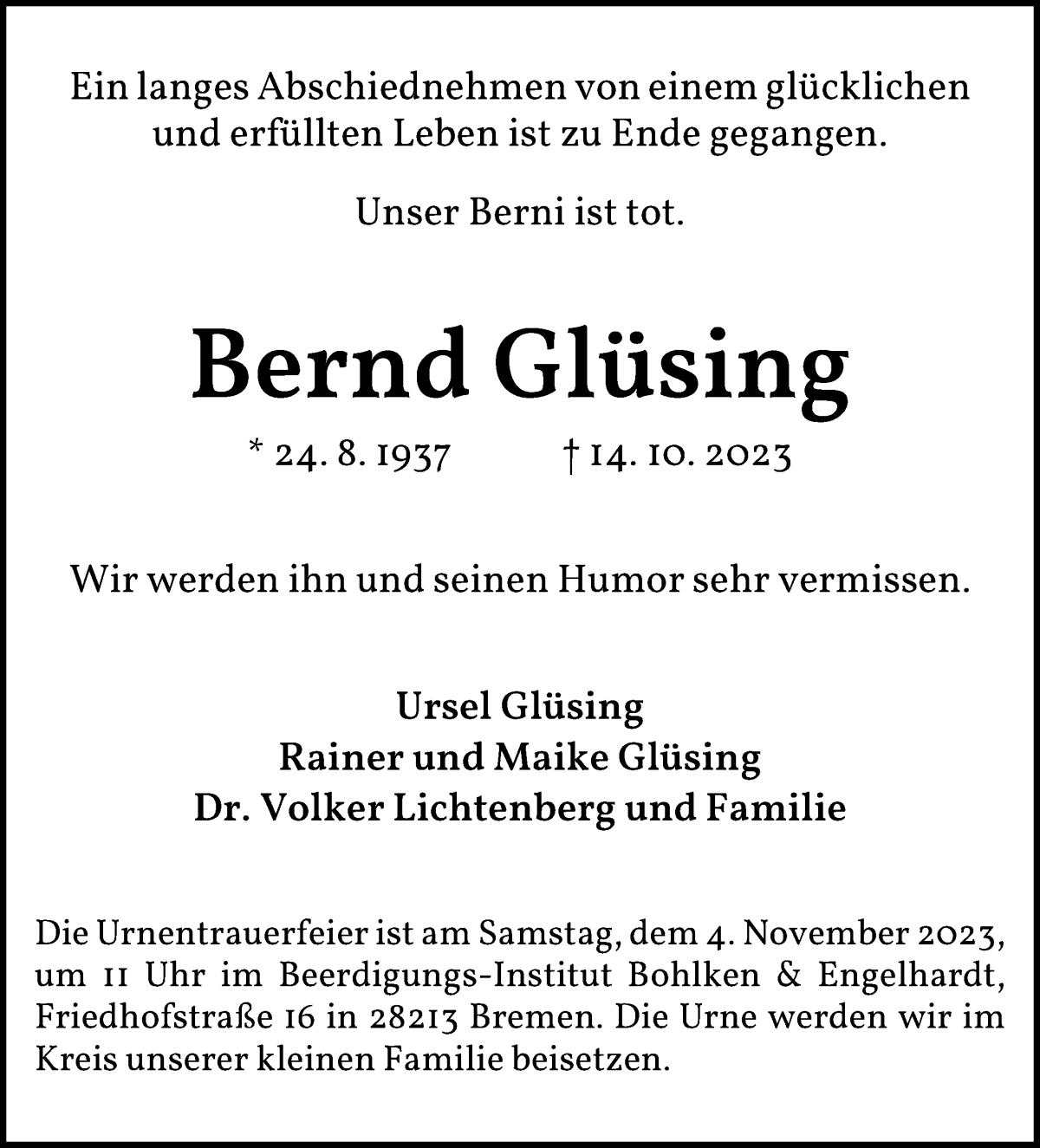Traueranzeige von Bernd Glüsing von WESER-KURIER