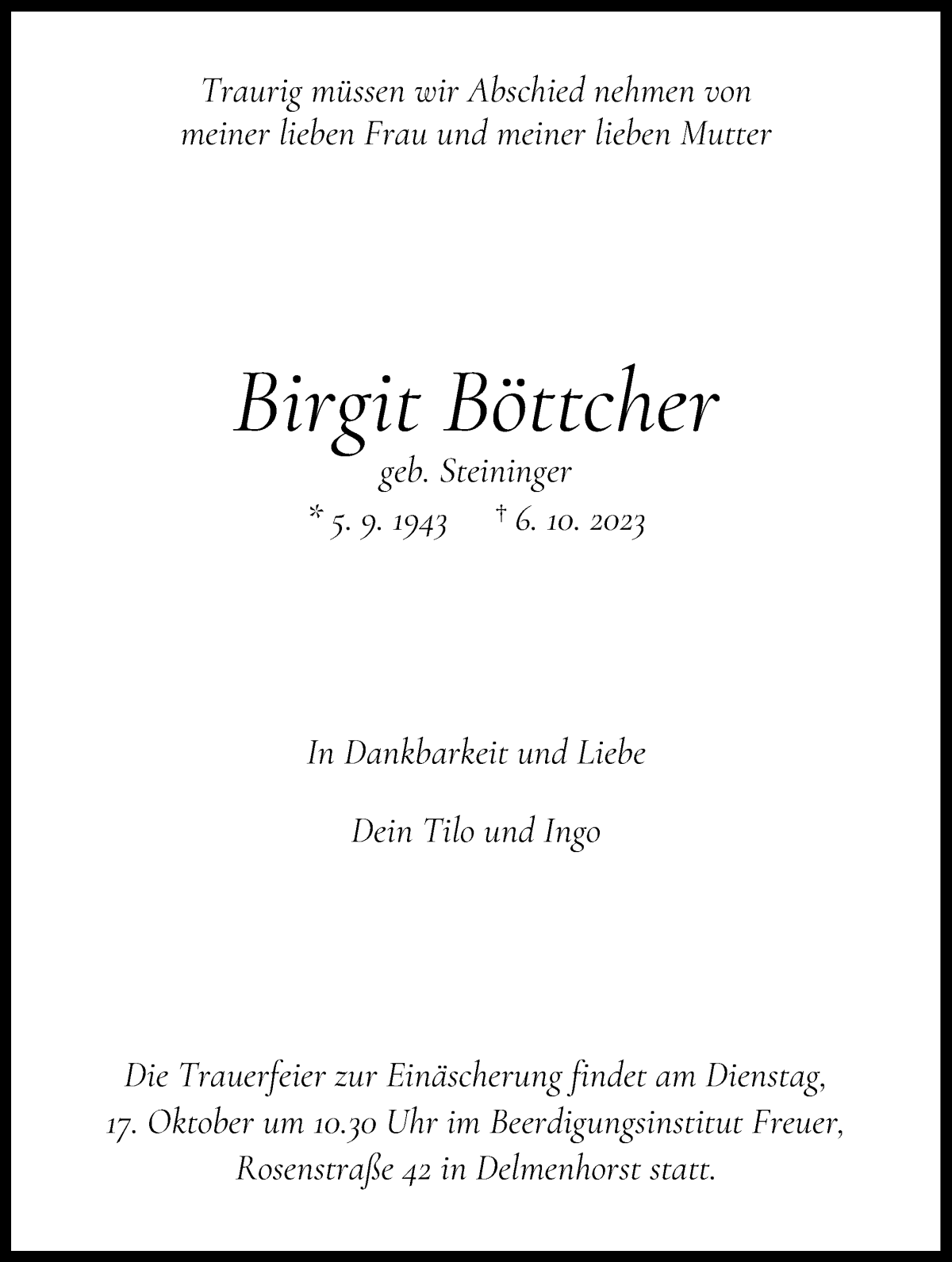 Traueranzeige von Birgit Böttcher von WESER-KURIER