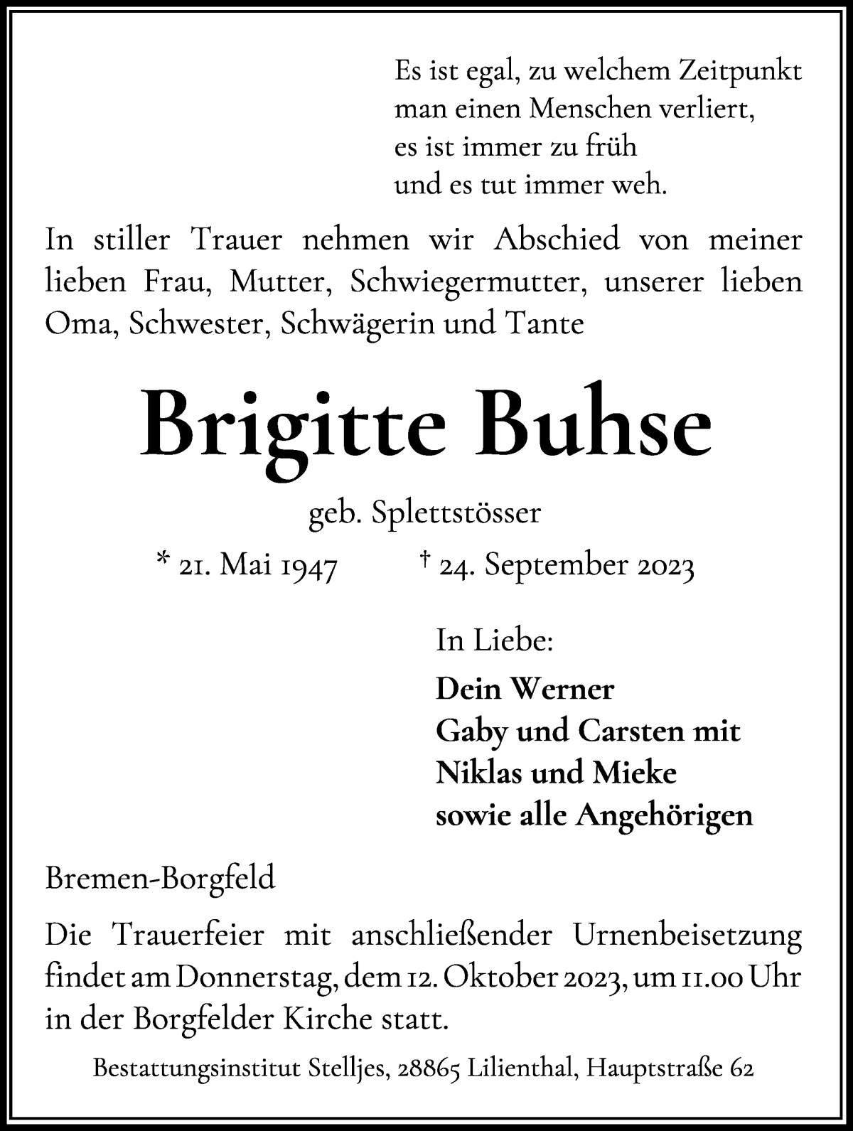 Traueranzeige von Brigitte Buhse von WESER-KURIER