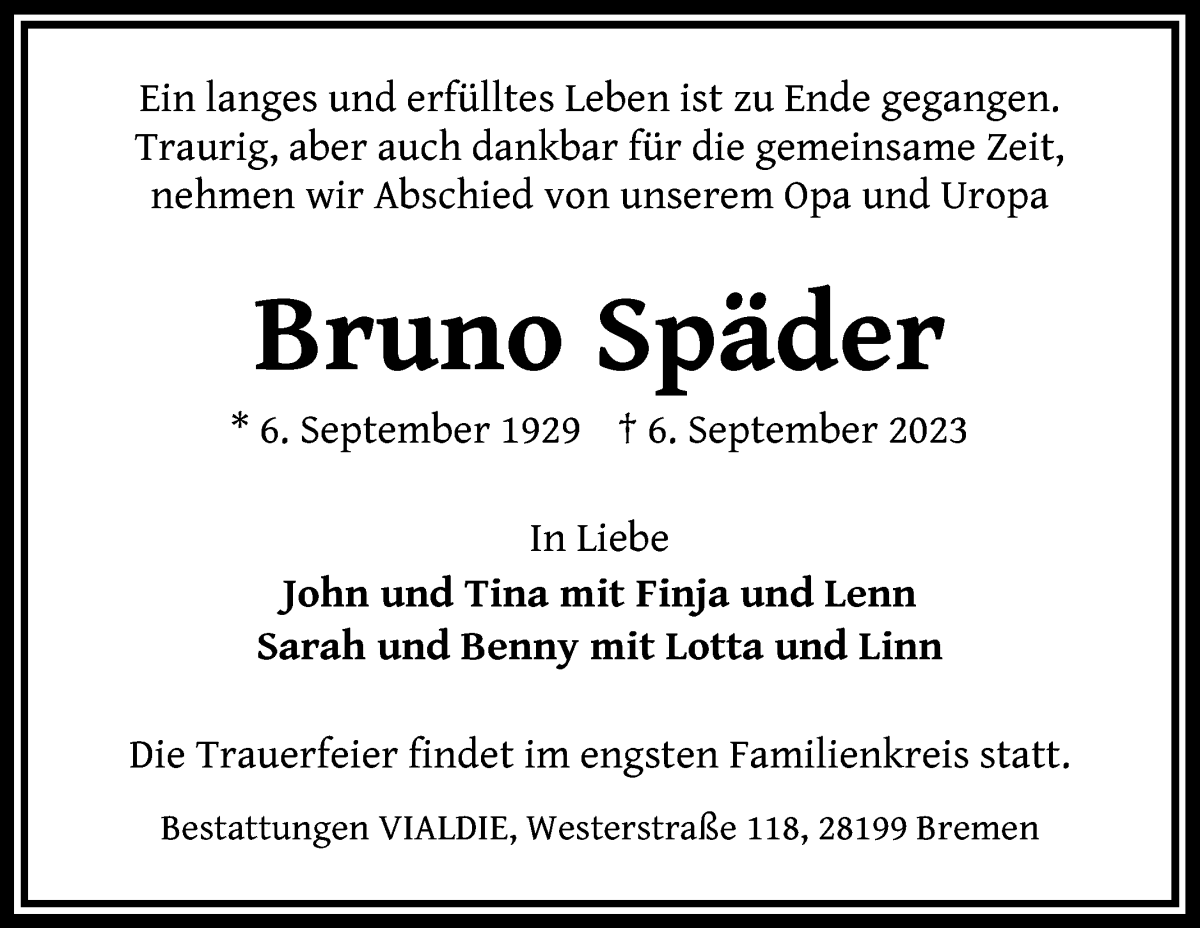 Traueranzeige von Bruno Späder von WESER-KURIER