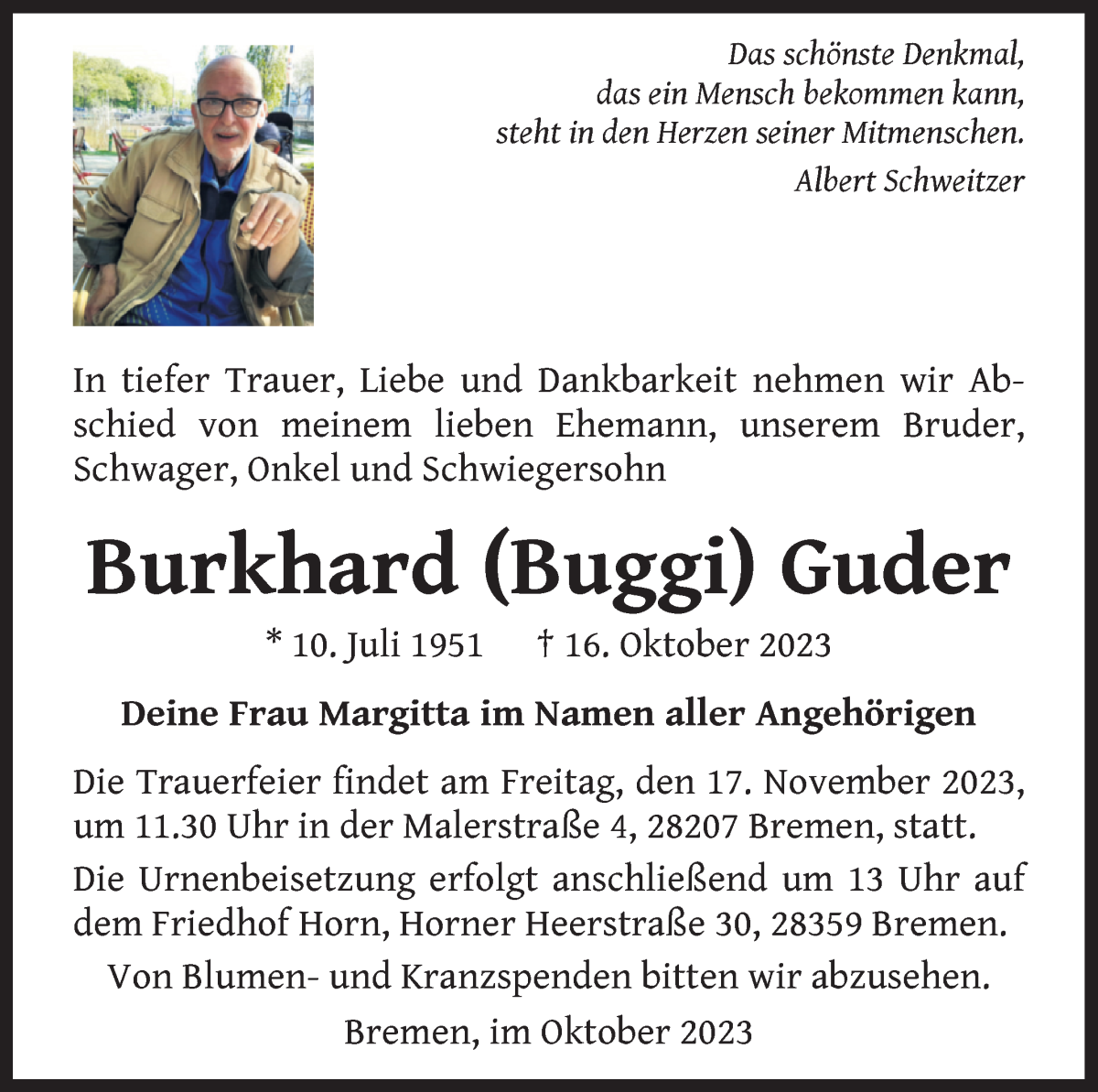 Traueranzeige von Burkhard (Buggi) Guder von WESER-KURIER