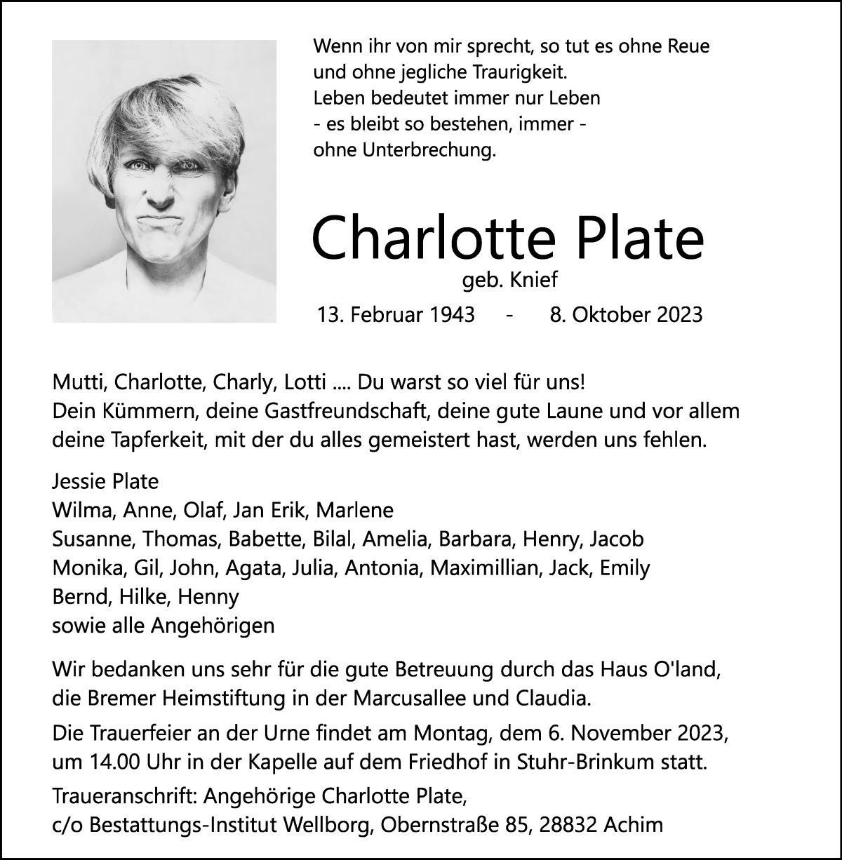 Traueranzeige von Charlotte Plate von WESER-KURIER