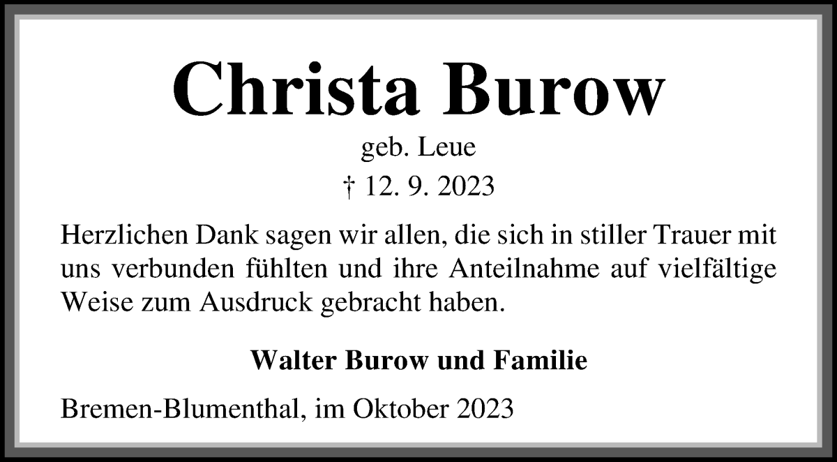 Traueranzeige von Christa Burow von Die Norddeutsche