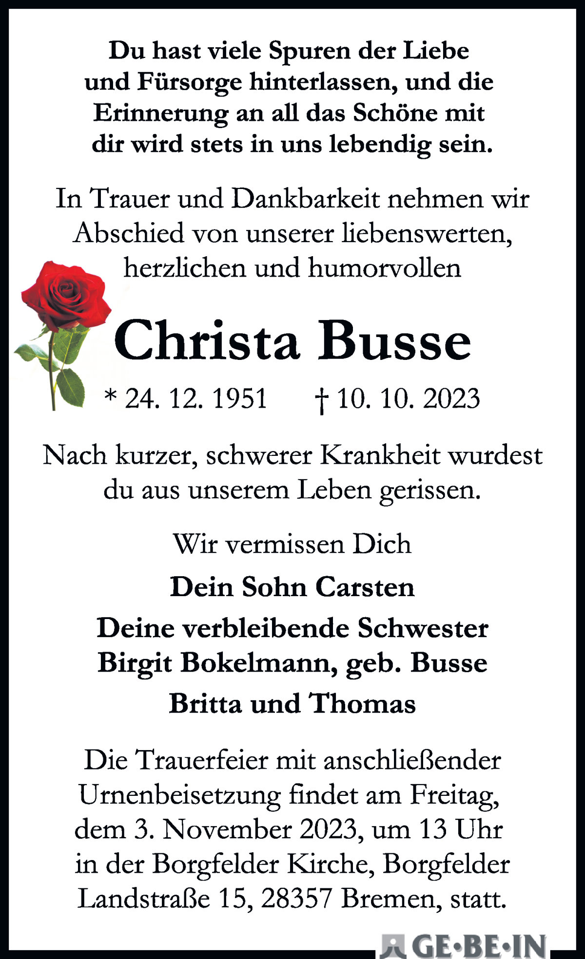 Traueranzeige von Christa Busse von Wuemme Zeitung